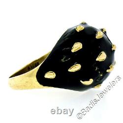 Vintage 18k Yellow Gold Black Enim Elevament Raised Dotted Wide Dome Cocktail Ring Sz 5