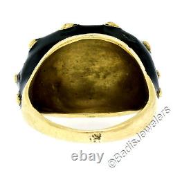 Vintage 18k Yellow Gold Black Enim Elevament Raised Dotted Wide Dome Cocktail Ring Sz 5