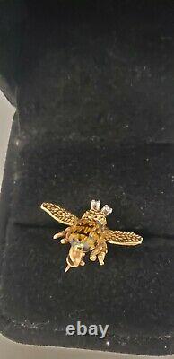 Vintage 18k Yellow Gold Bumble Bee With Gold & Black Émail Body Pin/broche