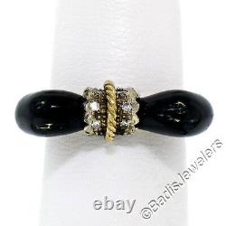 Vintage 18k Yellow Gold Round Single Cut Diamond Black Émail Cat Ears Ring S5.5
