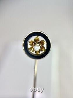 Vintage Art Deco 10k Or Jaune Rond Blanc Seed Pearl Black Enamel Stick Pin