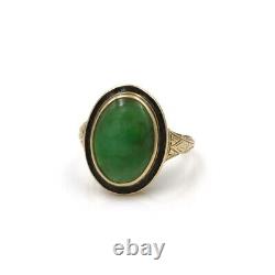 Vintage Art Déco 14k Or Ovale Jadeite Cabochon Black Enamel Ring 4.25 #1101b-4