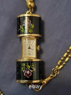 Vintage Bucherer Gold Plaqué Peek-a-boo Enamel Case Quartz Pendentif Watch