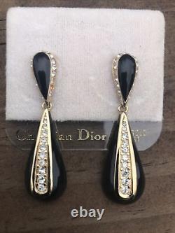 Vintage Christian Dior Boucles D'oreilles En Strass Ton Or En Émail Noir Teardrop Pear