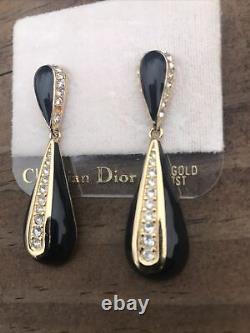 Vintage Christian Dior Boucles D'oreilles En Strass Ton Or En Émail Noir Teardrop Pear