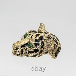 Vintage Ciner Ton Or Noir Enamel Strass Leopard Head Brooch