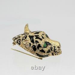 Vintage Ciner Ton Or Noir Enamel Strass Leopard Head Brooch