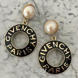 Vintage Givenchy Or En Émail Noir Perle Goutte Jumbo XL Clip Boucles D'oreilles