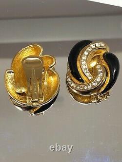 Vintage Gold Christian Dior Black Enamel Rhinestone Crystal Clip On Earrings