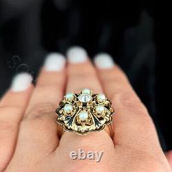 Vintage Old European Cut Diamond Tracery Black Enamel Pearl 14k Yellow Gold Ring
