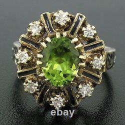 Vintage Or Jaune 14k 2.43ctw Oval Peridot Diamond & Black Enamel Halo Ring
