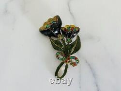 Vintage Vert, Noir Enamel Or Ton Métal & Strass Flower Brooch