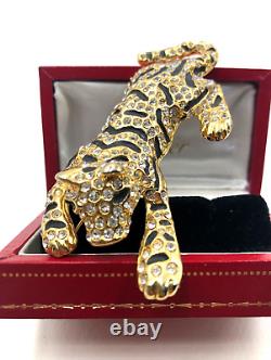 Vntg Unique Lrg Tigre Figural Black Enamel Gold Clr Paved Cristal Broch Parfait