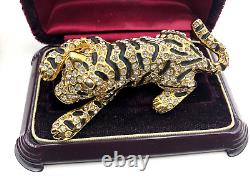 Vntg Unique Lrg Tigre Figural Black Enamel Gold Clr Paved Cristal Broch Parfait