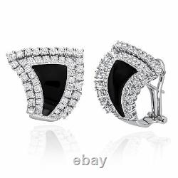 Zydo 18k Or Blanc Diamant 2.64ct Et Boucles D'oreilles En Émail Noir 39065